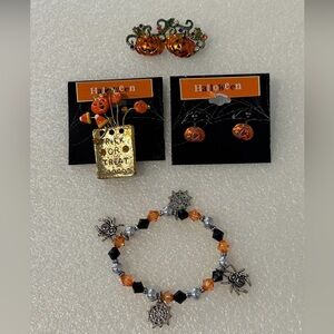 Halloween Pins Brooch Earrings Bracelet Pumpkin Bat Spider NEW